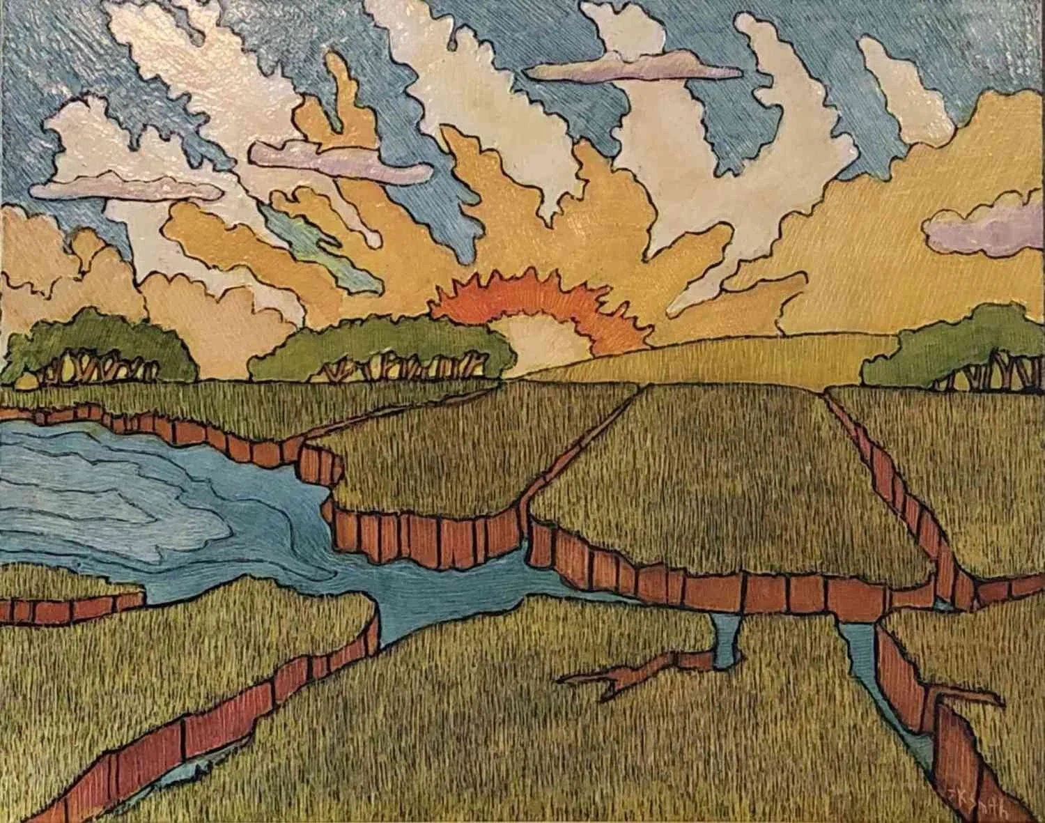   Joe Smith ,  Morning on the Salt Marsh  Scratchboard, 8 x 10 in.  $325  