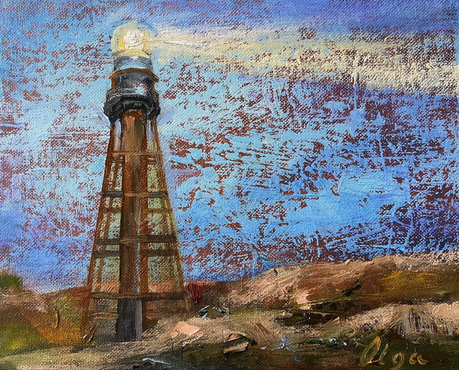 Olga Gernovski , Lighthouse in Evening Oil on canvas, 10 x 8 in. $800