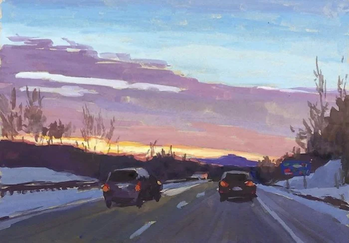 Leigh Slingluff , December Road Trip Gouache, 5 x 7 in. SOLD This is a replacement for “Dog Moon”, which has SOLD