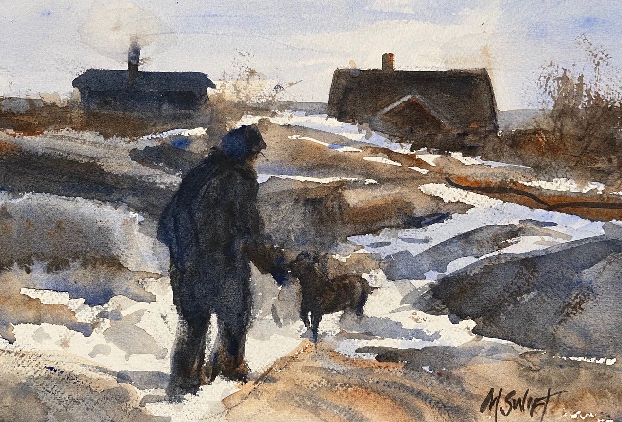 Marilyn Swift , Winter Walk Watercolor, 7 x 10 in. $300