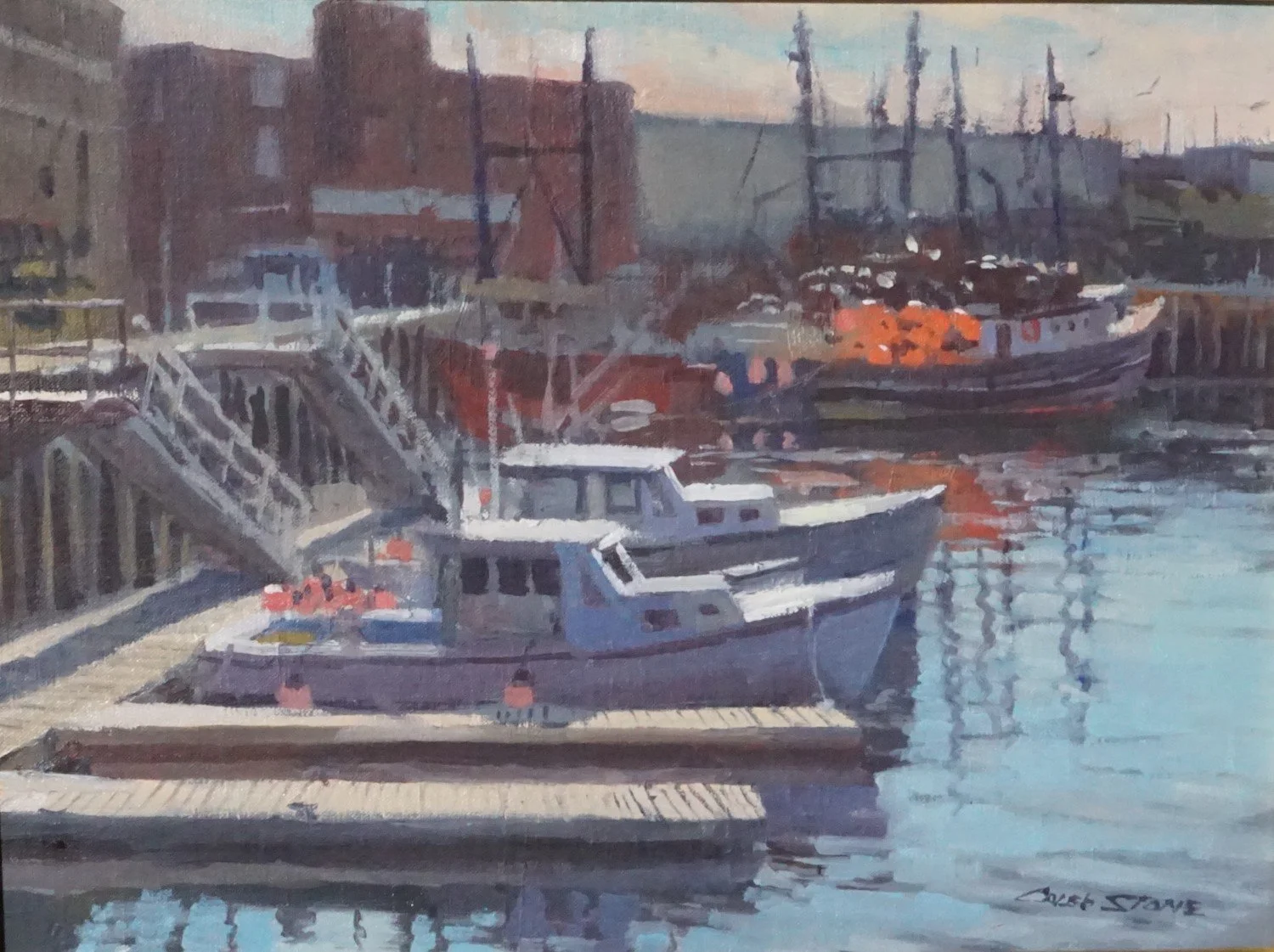   Caleb Stone ,  Along the Docks, Gloucester  Oil, 12 x 16 in.  $1,600              