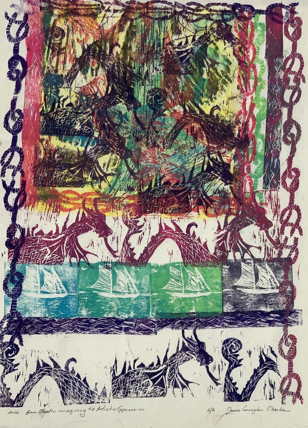   Janice Carragher Charles ,  From Chaotic Imagining to Artistic Expression  Block print, 18 x 24 in.  $400  