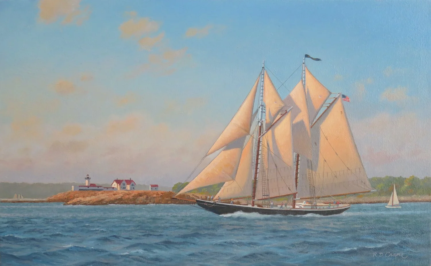   Ray Crane ,  Schooner "Columbia" off Eastern Point  Oil on canvas, 10 x 16 in.  $2,400  