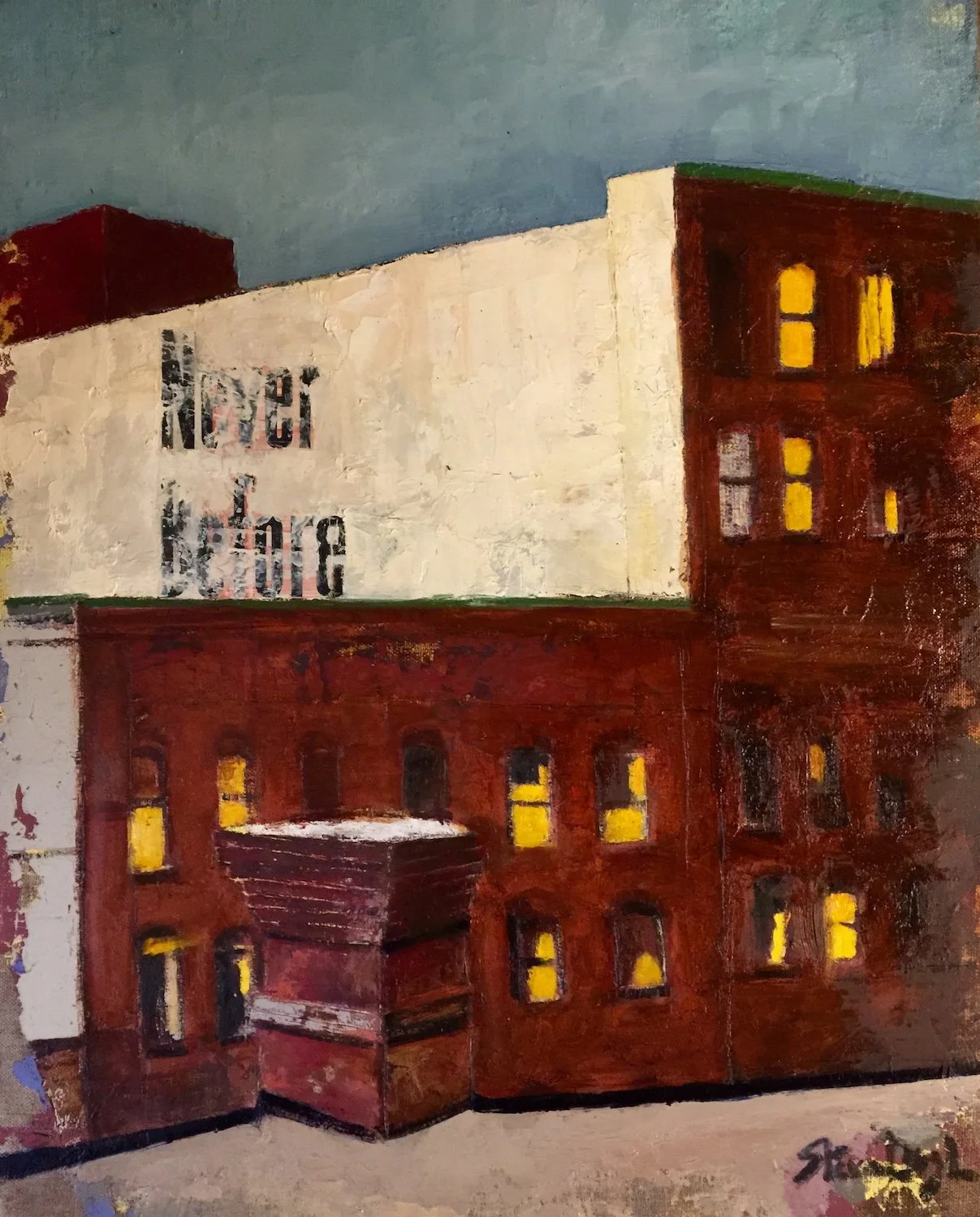   Steven Lush ,  Never Before  Oil, collage, 20 x 16 in.  $2,500  