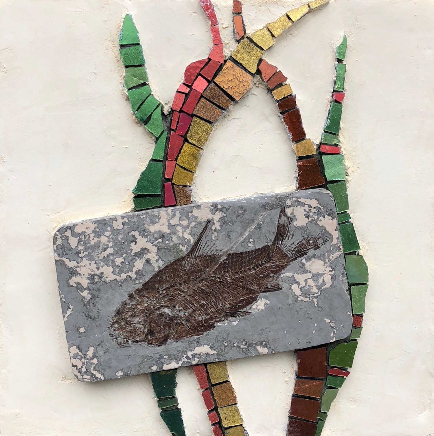 Pam Stratton , Fossil Fish Mosaic, 6 x 6 in $350