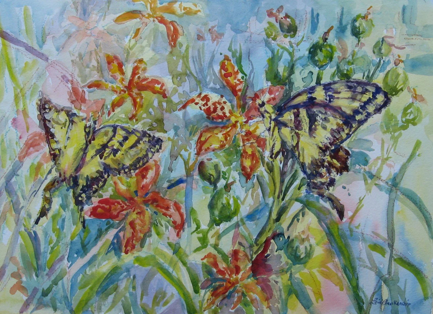   Lois Showalter Blankenship ,  Butterfly Garden  Watercolor and gouache, 10 x 14 in  $950  