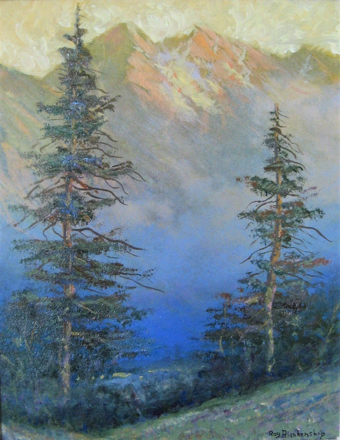   Roy Blankenship ,  Near Mt. Shasta Cascade Mt. Range, Calif.  Oil on board, 9 1/4  x 7 1/4 in  $850  