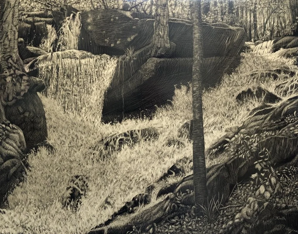  Joe Smith,  Falling Water  Scratchboard, 16 x 20 in.  $950   JACKI HARRINGTON MEMORIAL AWARD for excellence in graphics, given in her memory by RAA&amp;M  