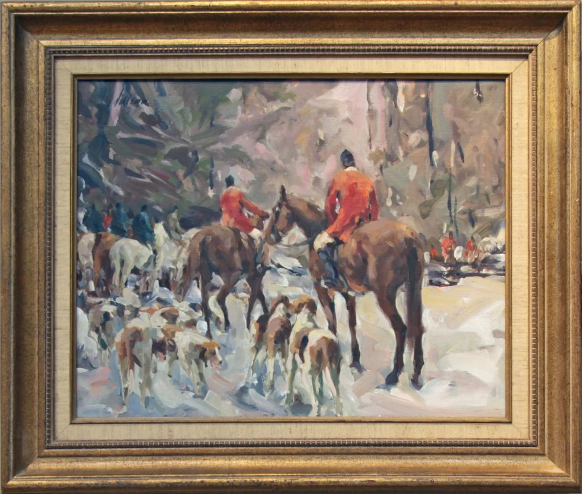   Lot 5 -  The Riding Club   Betty Lou Schlemm  (1934-2021)  oil on canvas, 16 x 20 in., signed u.l.  very good, estimate: $500-900 