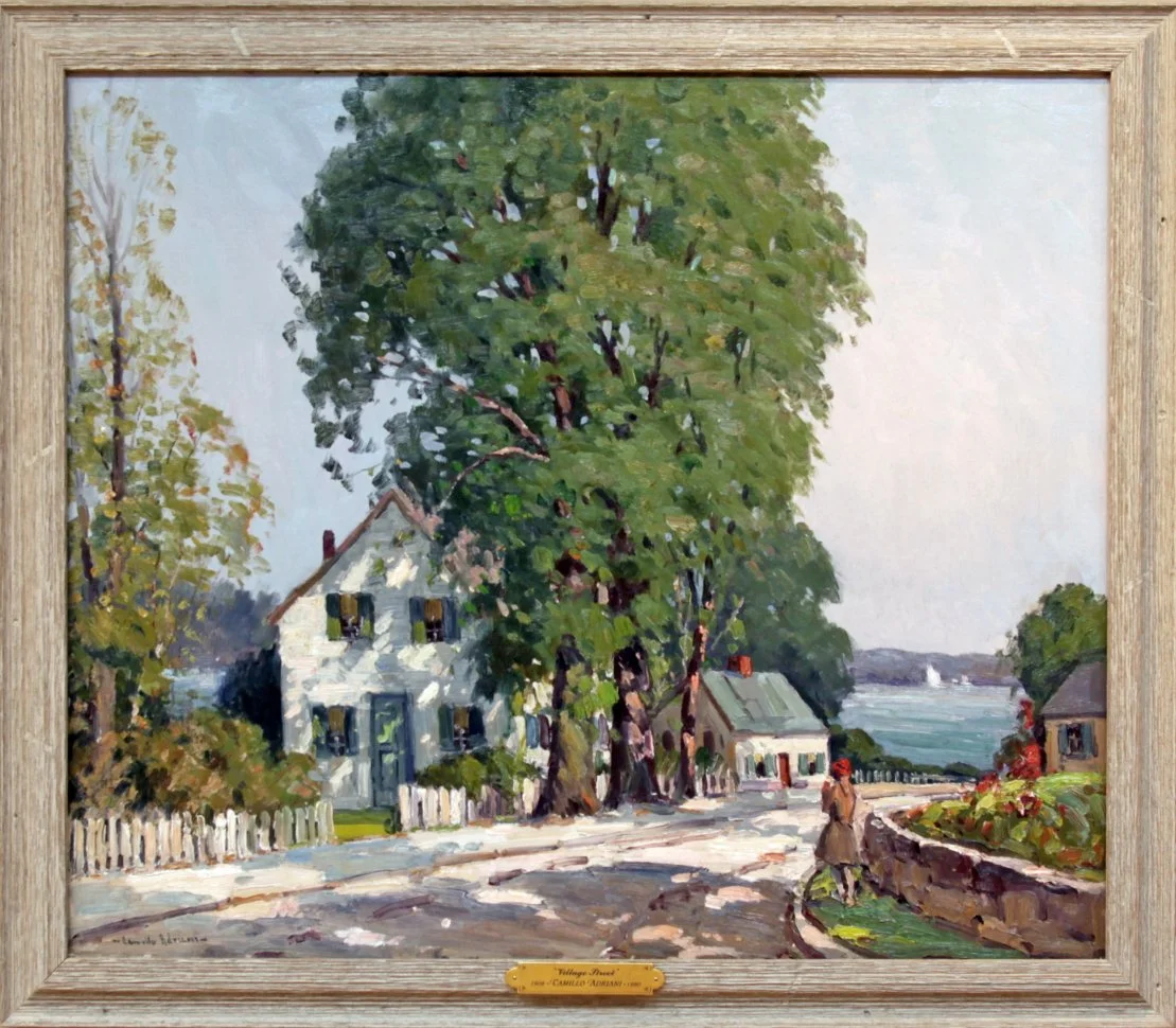   Lot 10 -  Village Street   Camillo Adriani  (1908-1990)  oil on canvas mnt. on board, 28 x 32.5 in., signed l.l.  very good, estimate: $1,500-2,500 