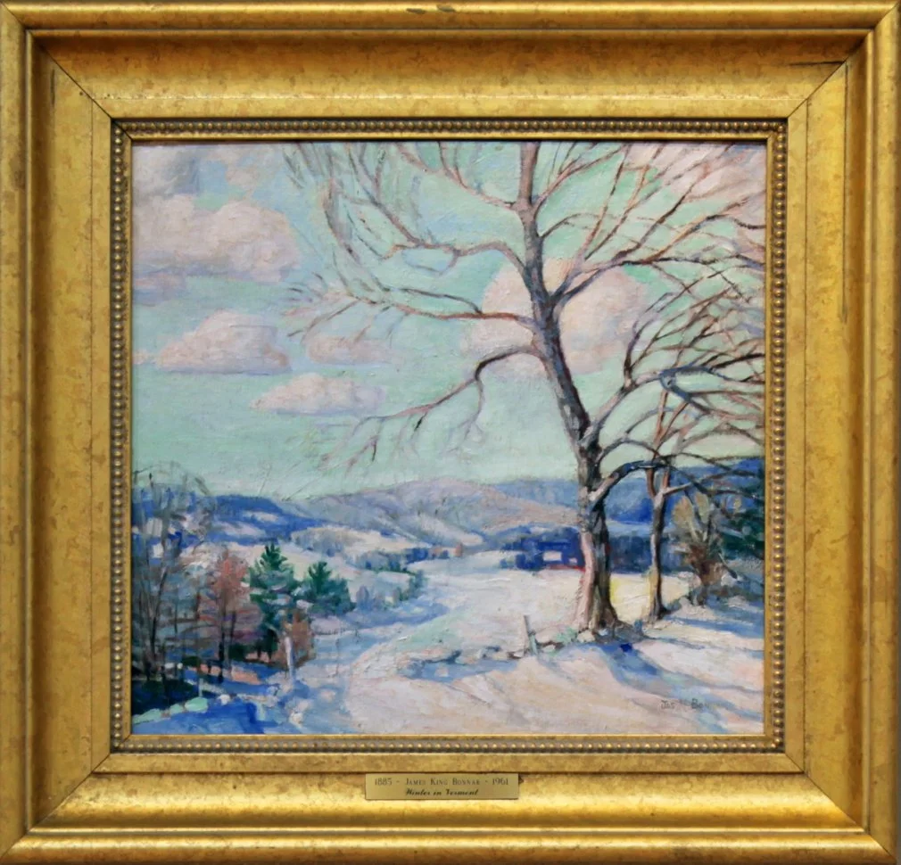   Lot 53 -  Winter in Vermont   James King Bonnar  (1883-1961)  oil on canvas mnt. on board, 14.25 x 15.25 in., signeed l.r.  very good, estimate: $500-800 