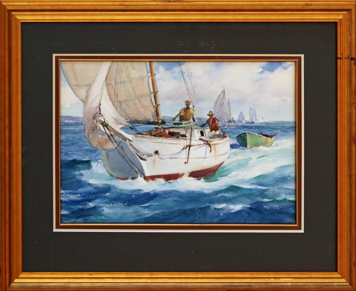   Lot 101 -  Sailing and Dock   James Sessions  (1882-1962)  watercolor, 13.5 x 19.5 in., signed l.l.  very good, estimate: $500-1,000 