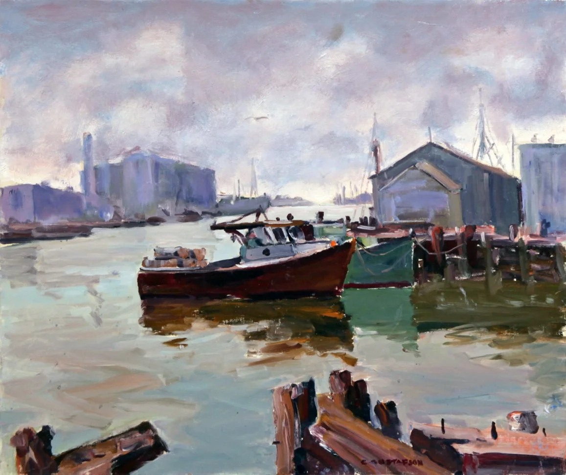   Lot 111 -  Boats at Dock   Carl Gustafson  (1910-2011)  oil on canvas board, 20 x 24 in., signed l.r.  very good, estimate: $300-400  (artwork has been framed) 