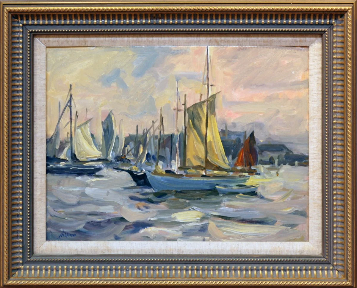   Lot 113 -  Boats at Sunset   Betty Lou Schlemm  (1934-2021)  oil on board, 11 x 14 in., signed l.l.  very good, estimate: $300-500  