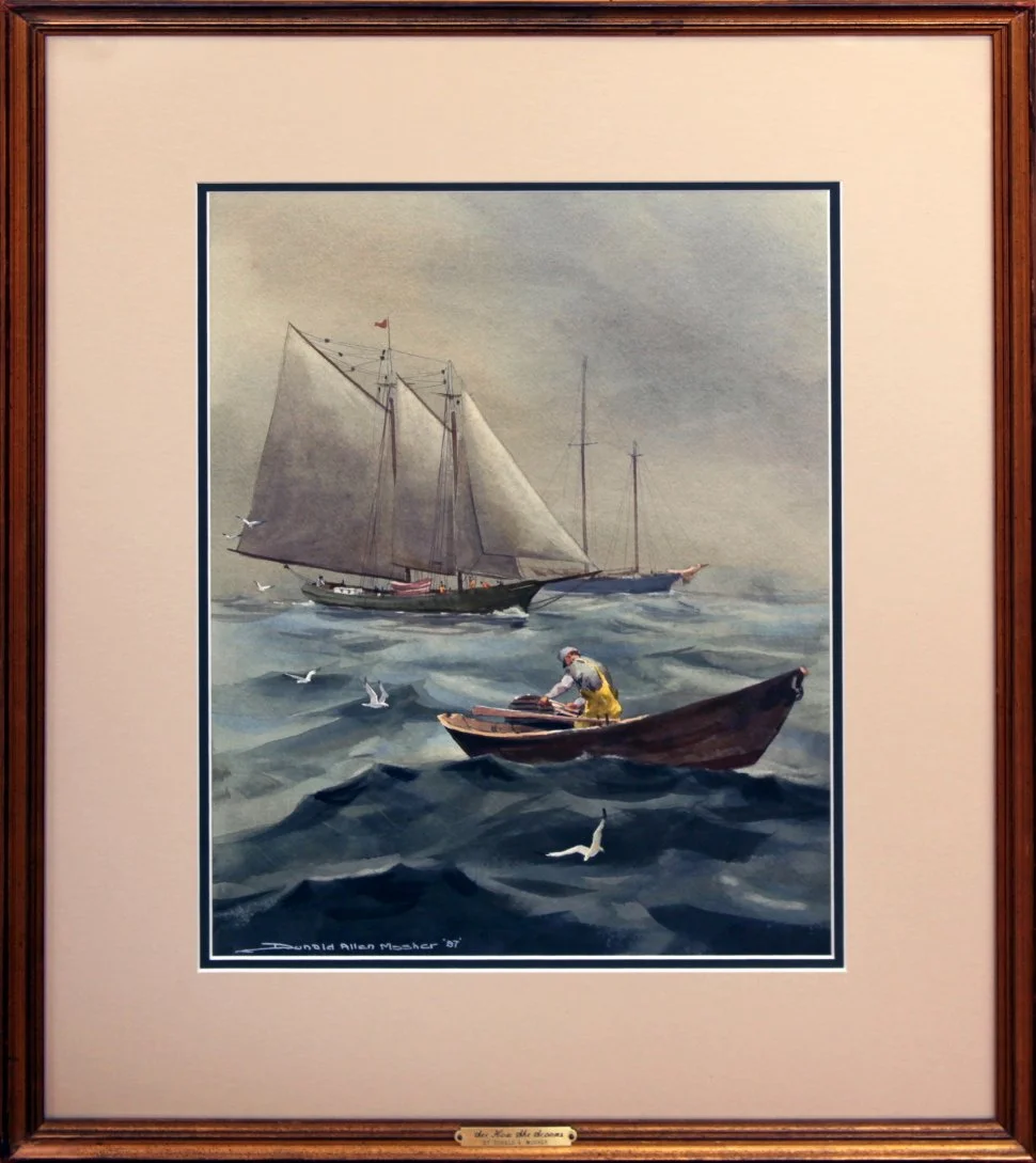   Lot 163 -  See How She Scoons   Donald Allen Mosher  (1945-2014)  gouache &amp; watercolor, 18 x 12.5 in., signed l.l.  very good, estimate: $500-700 