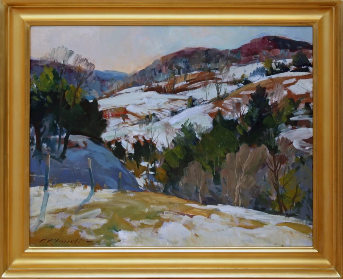   Lot 196 -  Winter Hillside   Charles Movalli  (1945-2016)  acrylic on canvas, 24 x 30 in., signed l.l.  very good, estimate: $3,000-4,000 