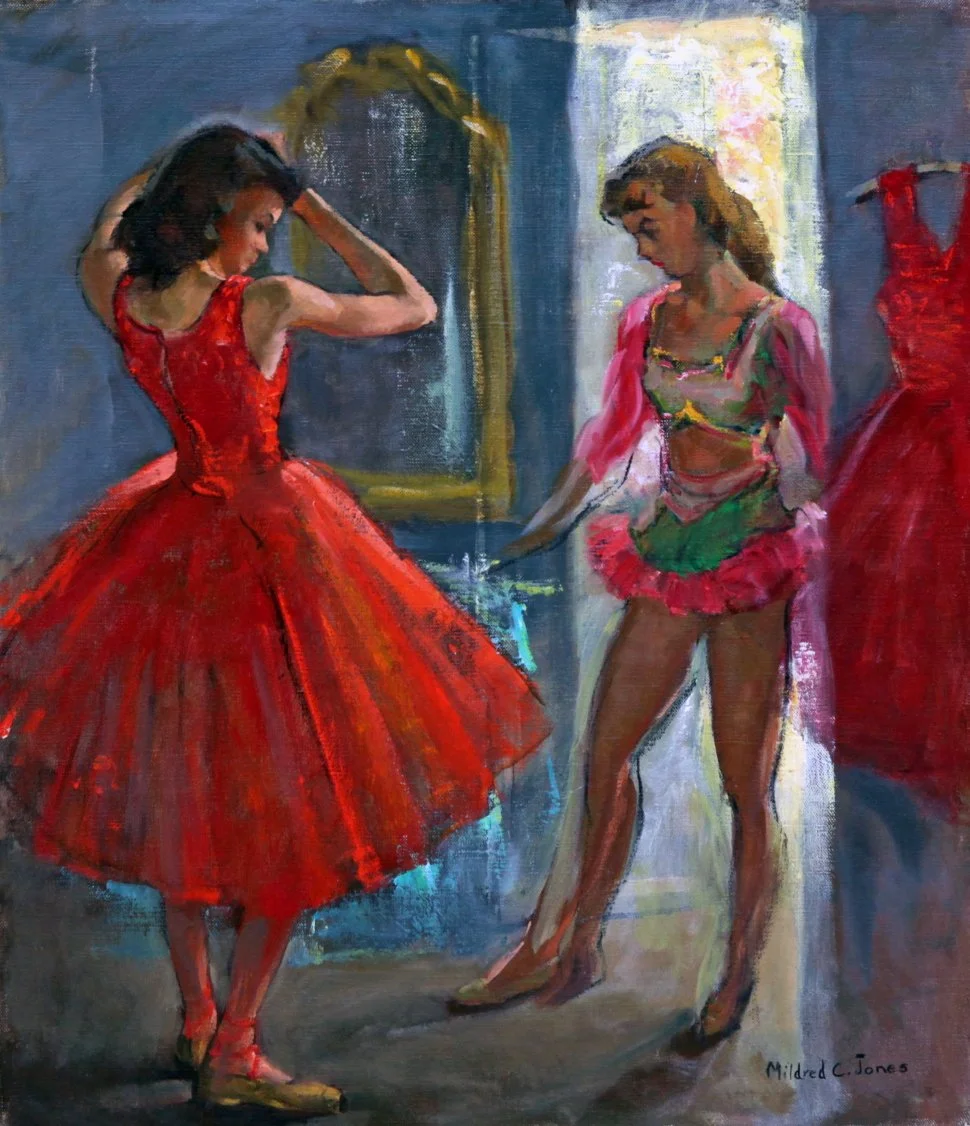   Lot 209 -  Dancers   Mildred Jones  (1899-1992)  oil on canvas, 24 x 20 in., signed l.r.  very good, estimate: $300-400  (artwork has been framed) 