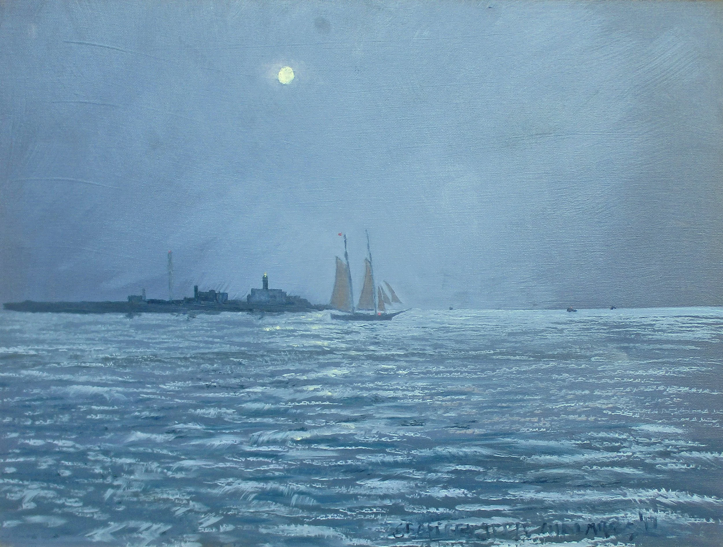  Geoffrey Chalmers ,  Moon Tryst at Eastern Point  Oil, 18 x 24 in.  $3,500  