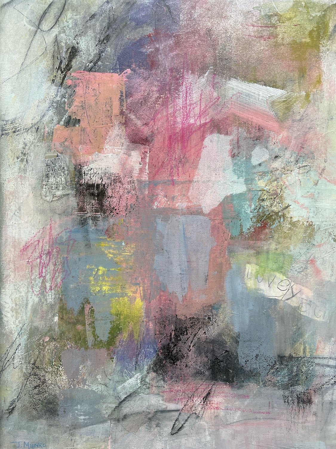 June Munro , Abstract Love (Inspired by the Poem: In One Another”s Souls by Rumi) Acrylic on canvas, 18 x 24 in. $850