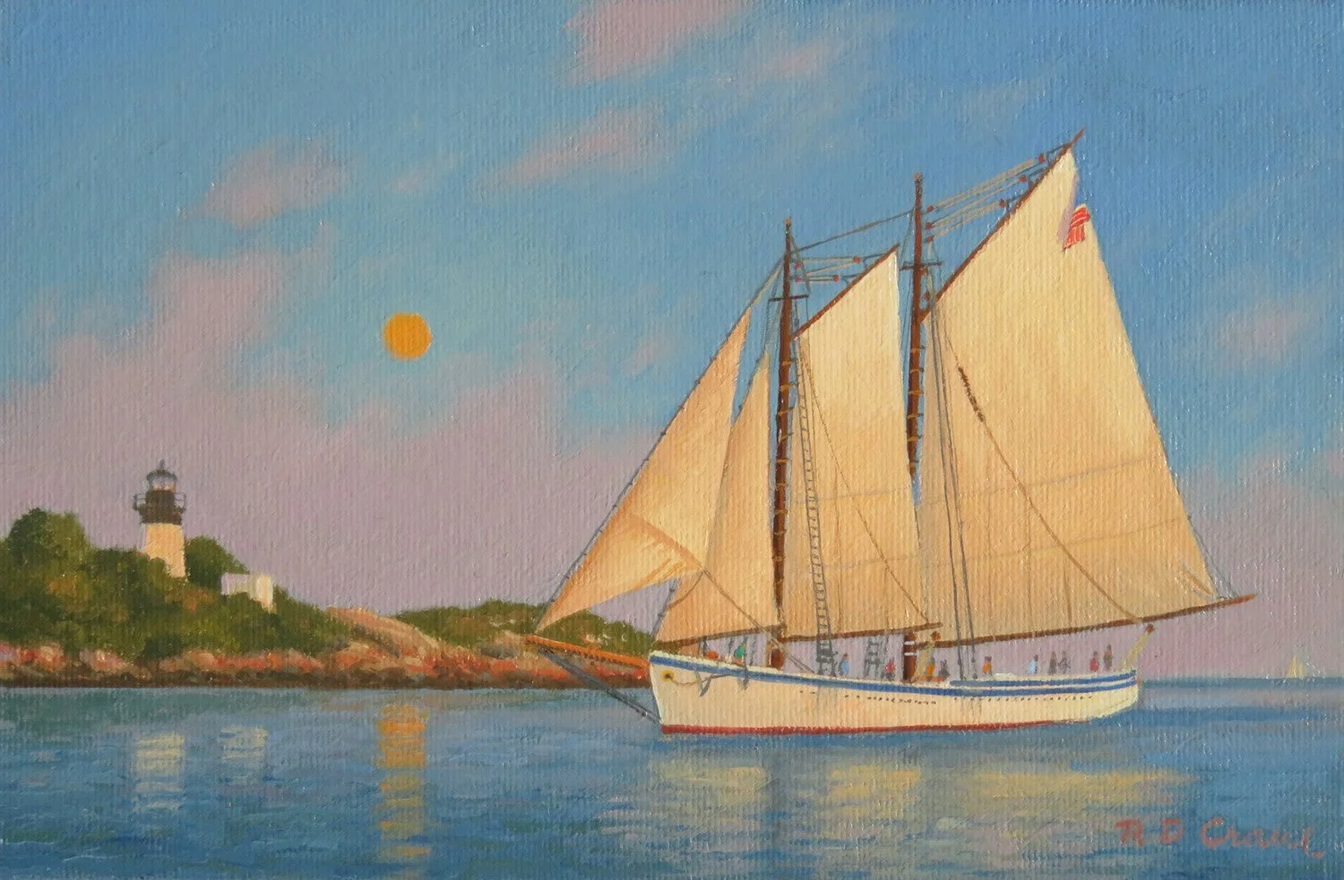 Ray Crane , Moonrise and Mist -American Eagle at Gloucester Oil on canvas, 6x9 $750