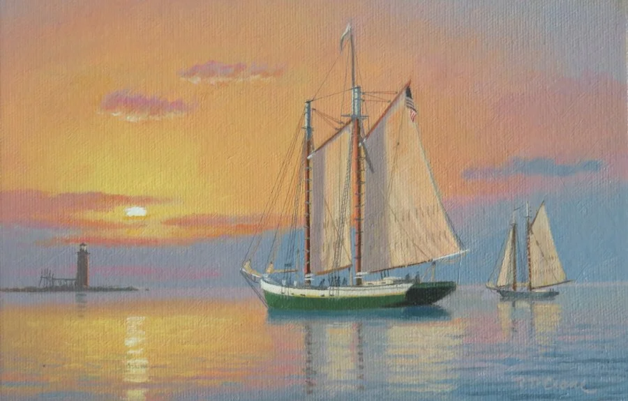 Ray Crane , Sunrise off Ram Island Ledge Oil on canvas, 6x9 $750