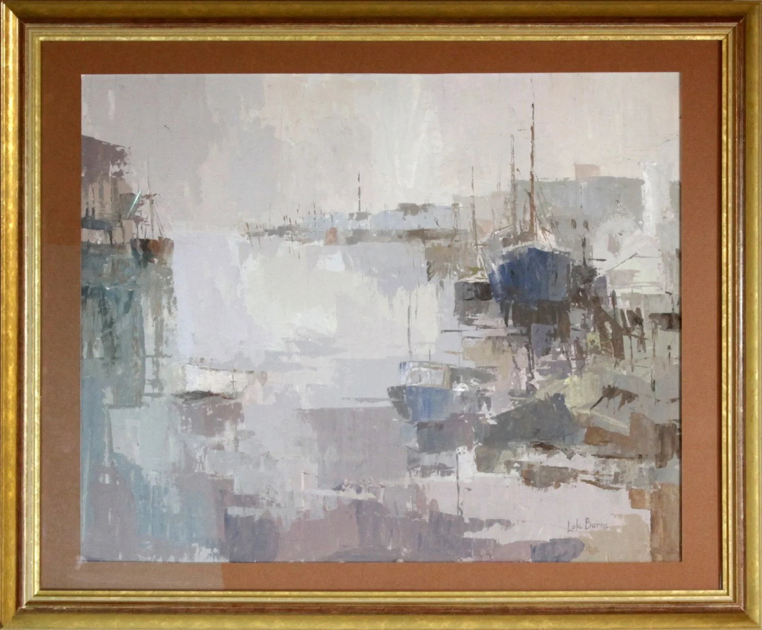   Lot 10 -  Lola Burns (d.1998)  Boats in the Harbor   acrylic on board, 18 x 22 in., signed l.r. very good, estimate: $300-500 