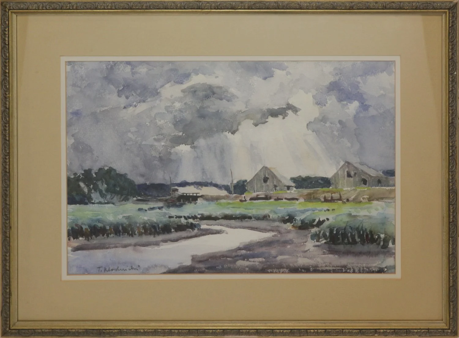  Lot 55 -  Thaddeus Klodnicki (1904-1982)  Rain Clouds and Farm   watercolor, 10 x 14.5 in., signed l.l. very good, estimate: $300-500 