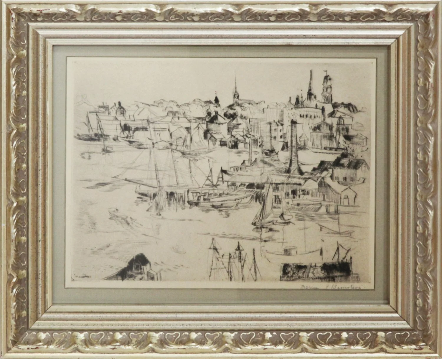   Lot 114 -  Theresa Bernstein (1891-2002)  Gloucester Harbor   etching, 6.5 x 8.75 in., signed l.r. very good, estimate: $200-400 