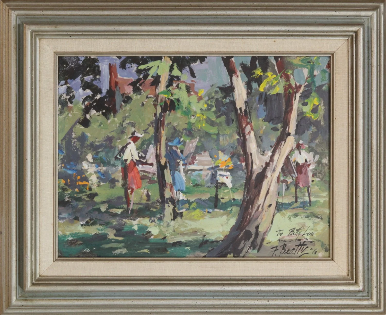   Lot 117 -  Frank Beatty (1899-1984)  Painting Class   oil on board, 9 x 12 in., signed l.r. very good, estimate: $200-400 (inscribed to Betty Lou Schlemm) 