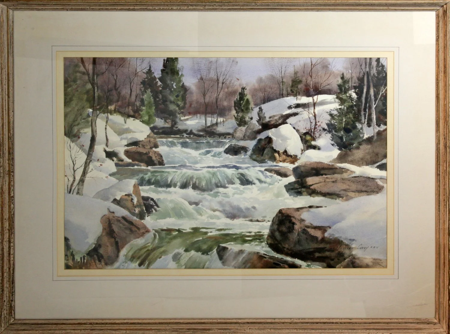   Lot 127 -  Bernard Corey (1914-2000)  February Thaw   watercolor, 18.5 x 27 in., signed l.r. very good, estimate: $600-900 