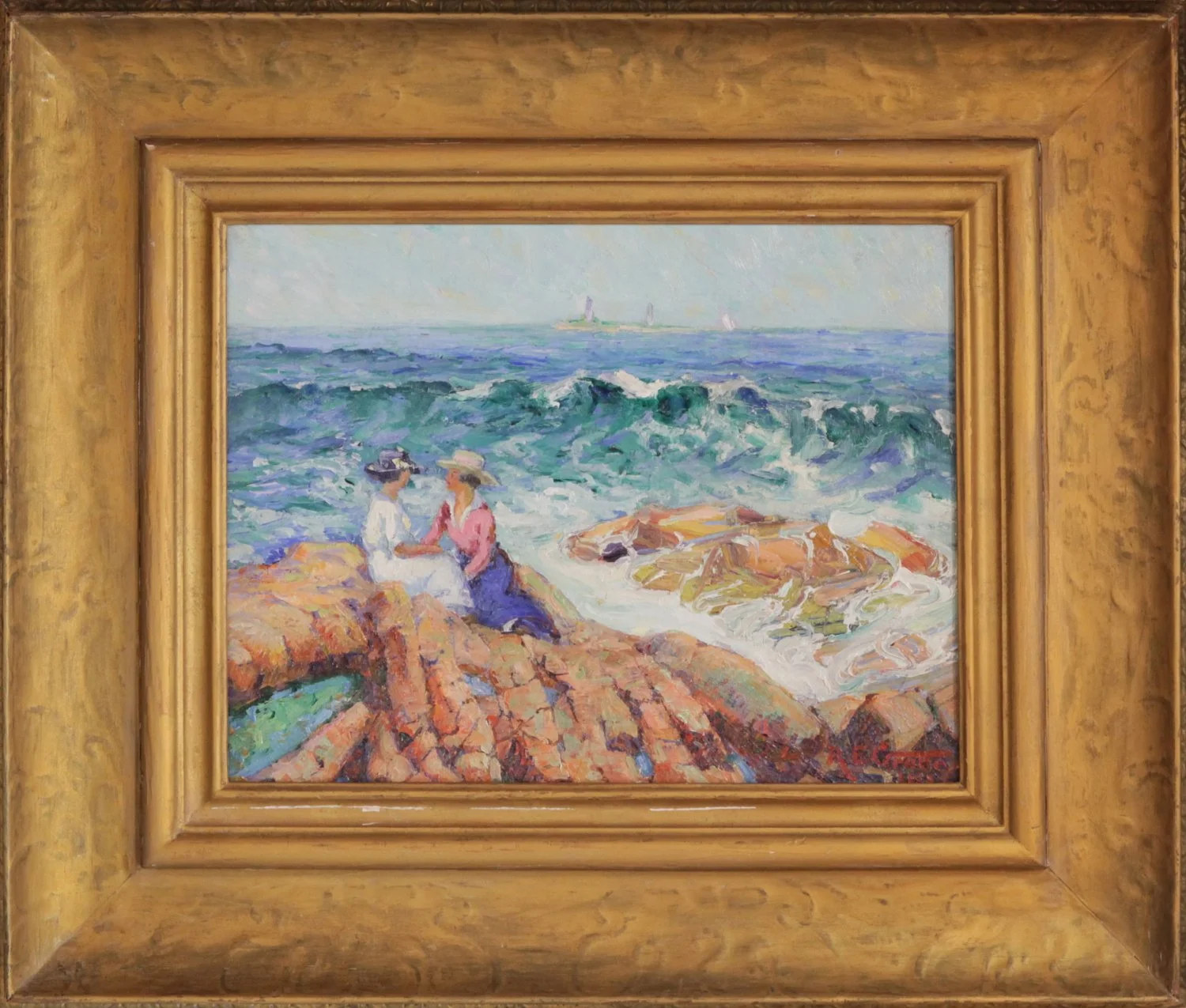   Lot 160 -  Artist unknown (20th Cent.)  Ladies at Bass Rocks, 1916   oil on board, 11 x 14 in., indistinctly signed l.r. very good, estimate: $400-600 