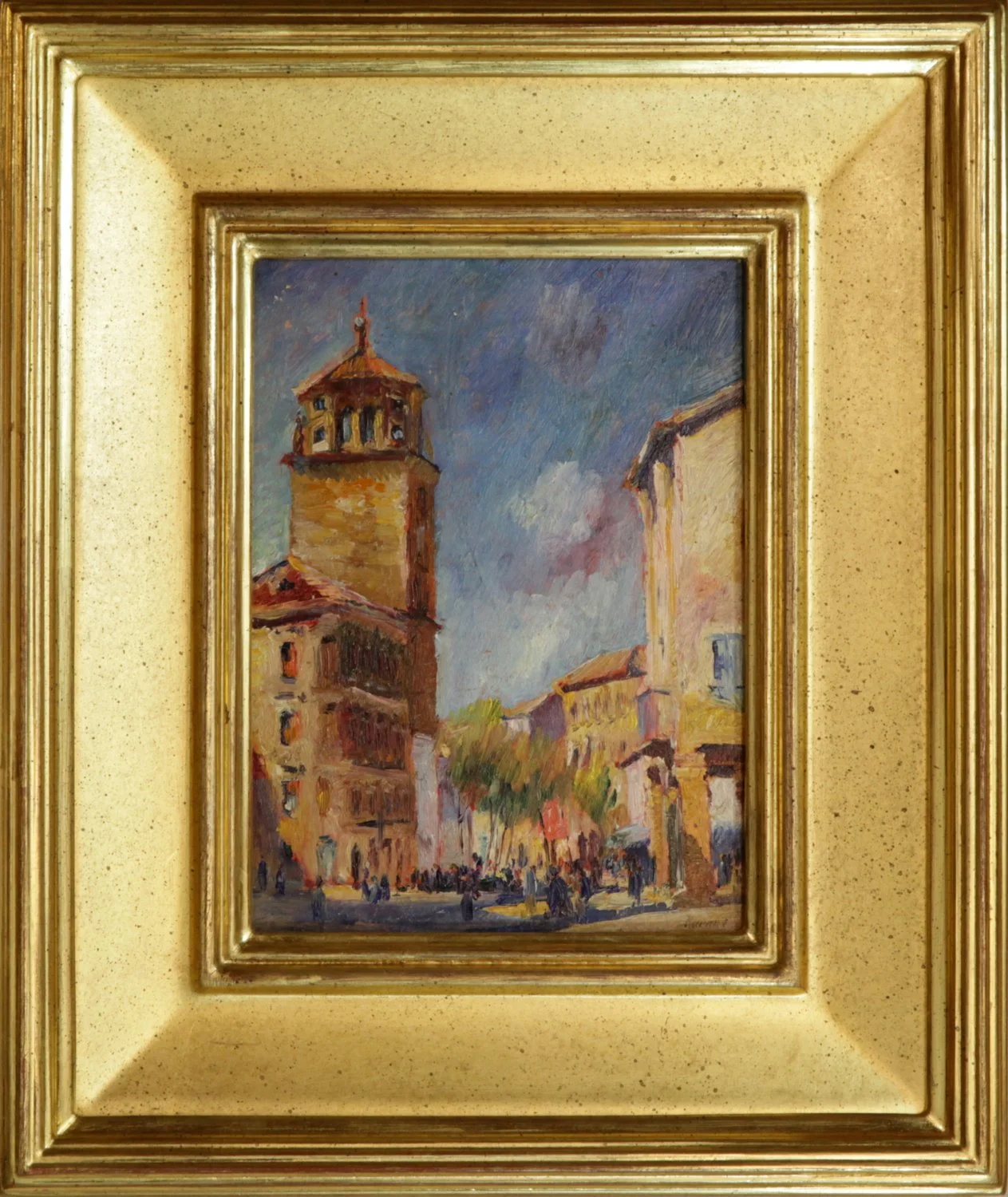   Lot 136. Max Kuehne (1880-1968)  The Clock Tower, Spain 1922    oil on board, 8 x 6 in., signed l.r.  condition: very good  estimate: $1,500-2,000   Price: $1770   ($1,500+$270)    (price includes 18% buyer’s premium)   plus sales tax, if applicabl