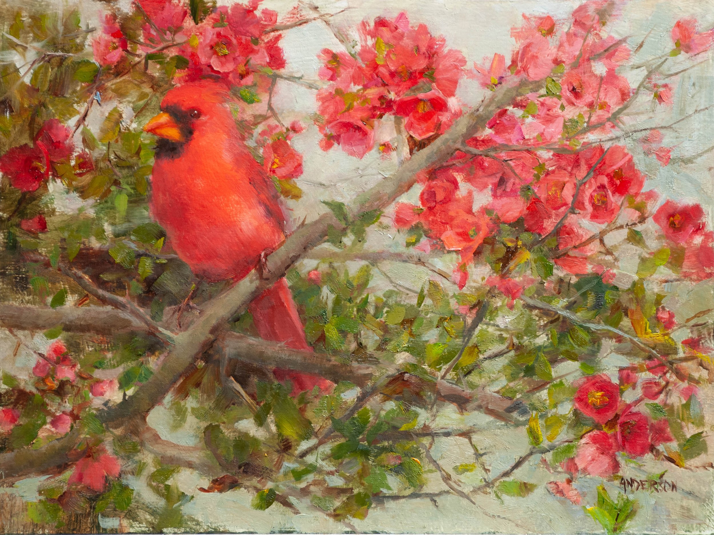 Spring Quince with Cardinal, 9x12.jpg