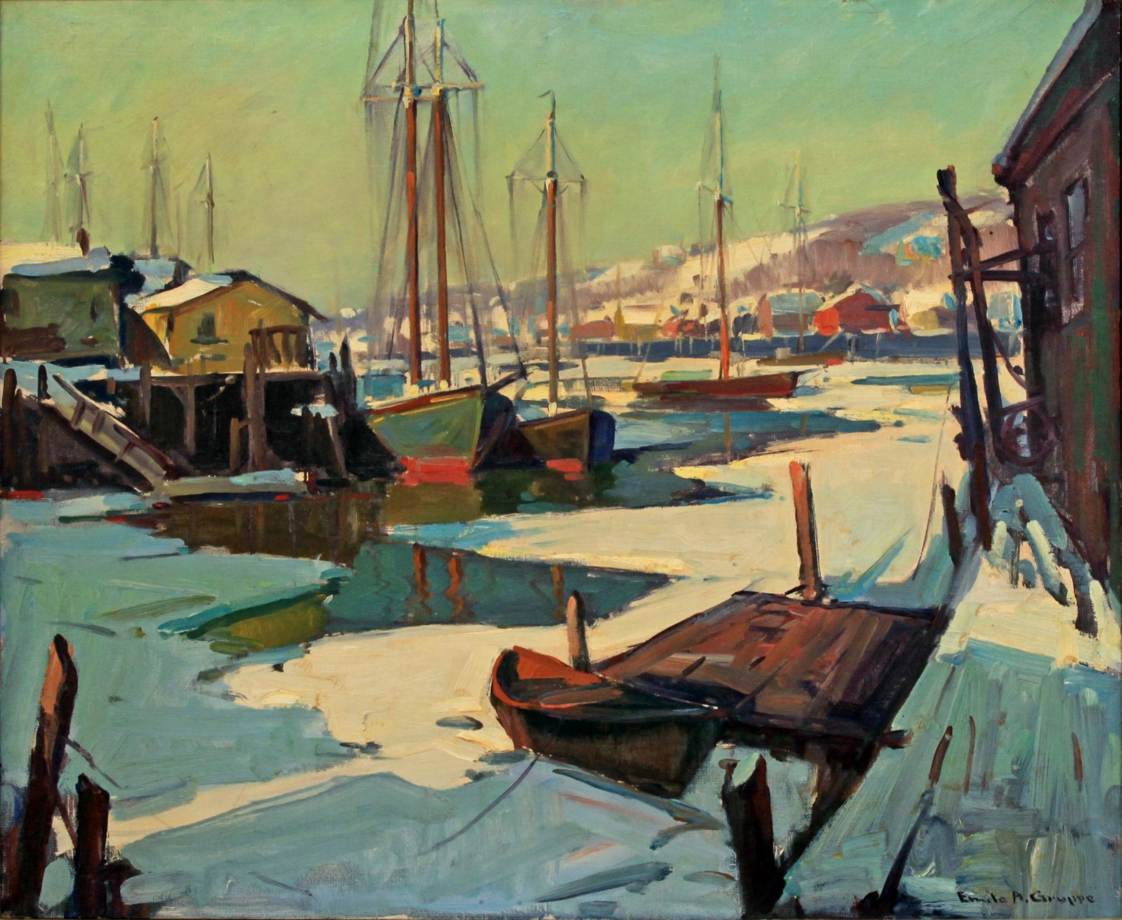  Feature Consignment:  Lot 27 -   Emile Gruppé (1896-1978)     Frozen Harbor, Gloucester  oil on canvas, 30 x 36 in. 