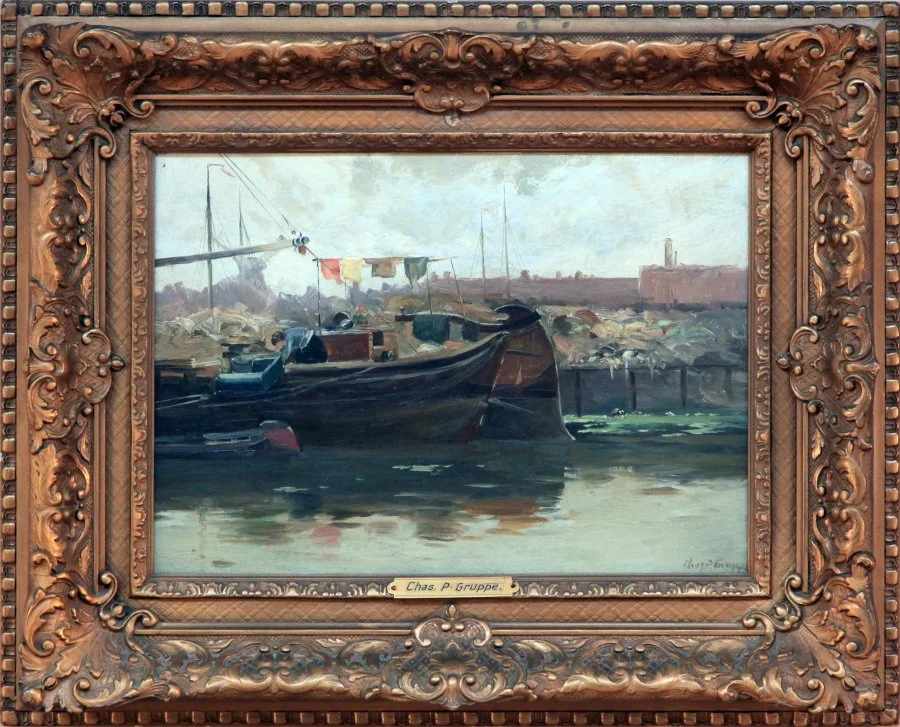   Lot 26 - Charles P. Gruppé (1860-1940)  Woman on a Boat   oil on canvas, 10.25 x 14.25 in., signed l.r. very good, estimate: $1,000-$1,500 