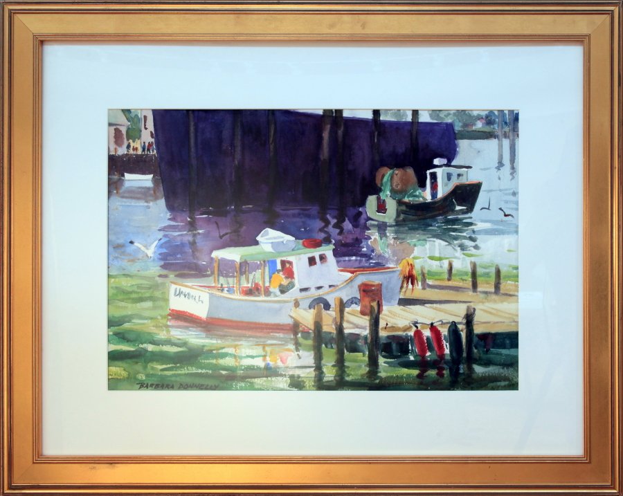   Lot 47 - Barbara Donnelly (1933-2022)  Lobster Boat at Fish Pier   watercolor, 13.75 x 20.75 in., signed l.l. very good, estimate: $200-$400 