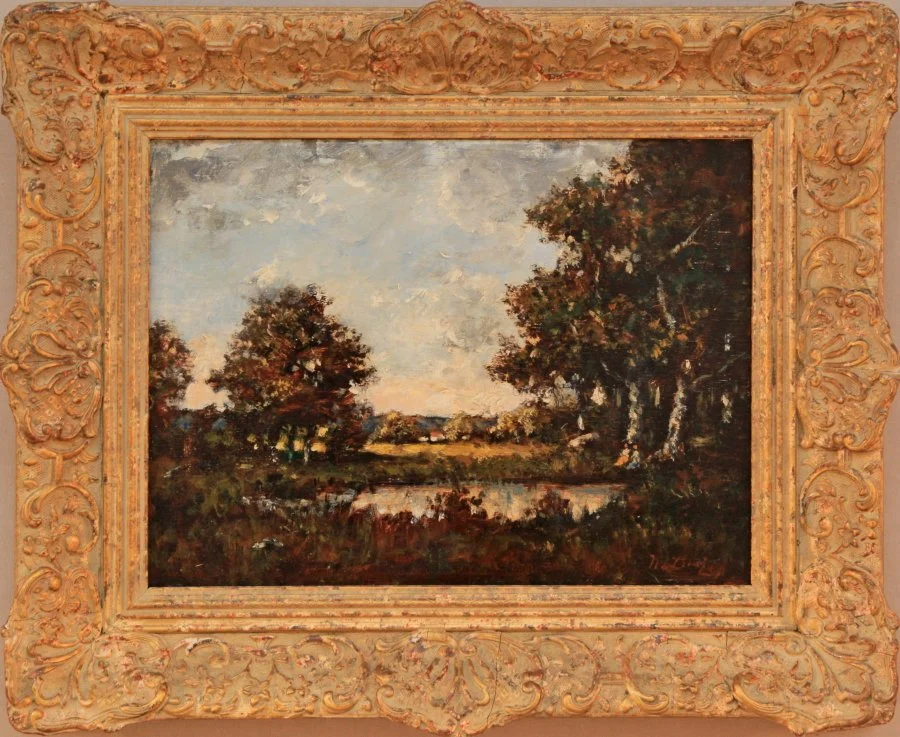   Lot 80 - Narcisse Virgilio Díaz de la Peña (1807-1876)  Landscape with Figures by a Pond   oil on board, 11 x 16 in., signed l.r. very good, estimate: $4,000-$6,000 