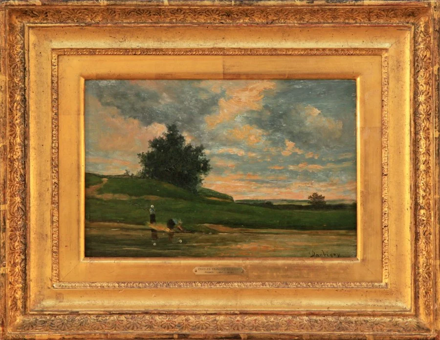   Lot 140 - Charles Francois Daubigny (1817-1878)  Two Women by a Lake   oil on wood panel, 9 x 13.5 in., signed l.r. very good, estimate: $2,000-$4,000 
