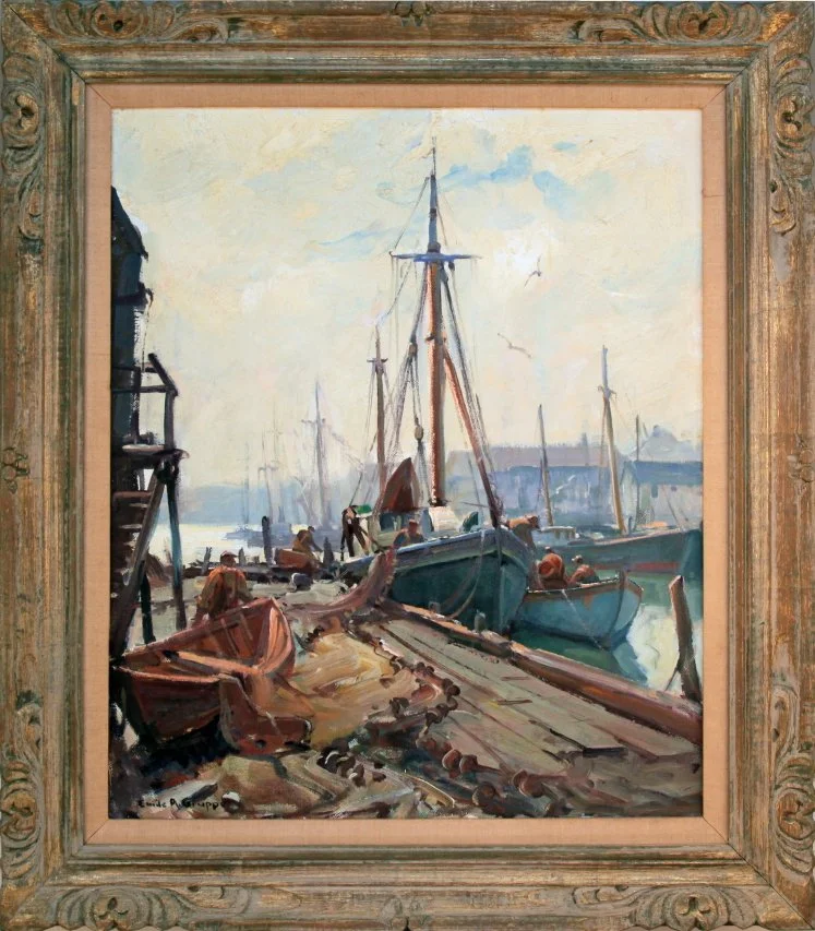   Lot 166 - Emile Gruppé (1896-1978)  Mending the Nets   oil on canvas, 30 x 25 in., signed l.l. very good, estimate: $5,000-$8,000 