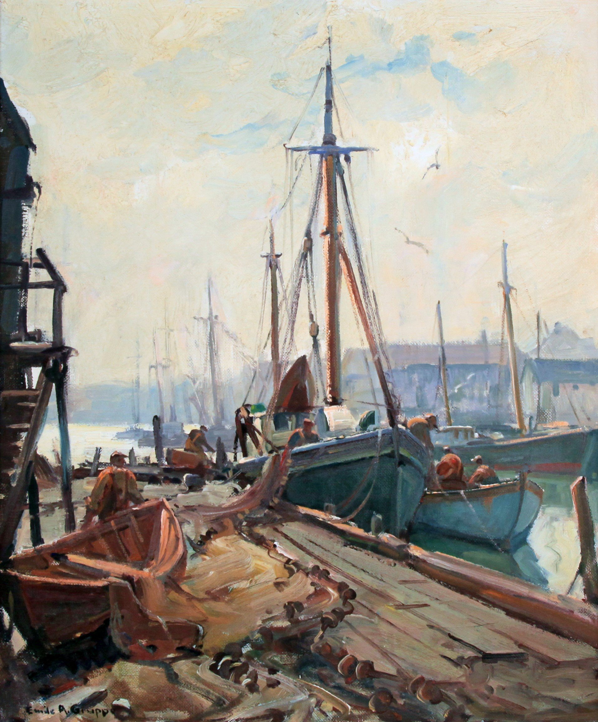  Feature Consignment:  Lot 166 - Emile Gruppé (1896-1978)   Mending the Nets  oil on canvas, 30 x 25 in. 