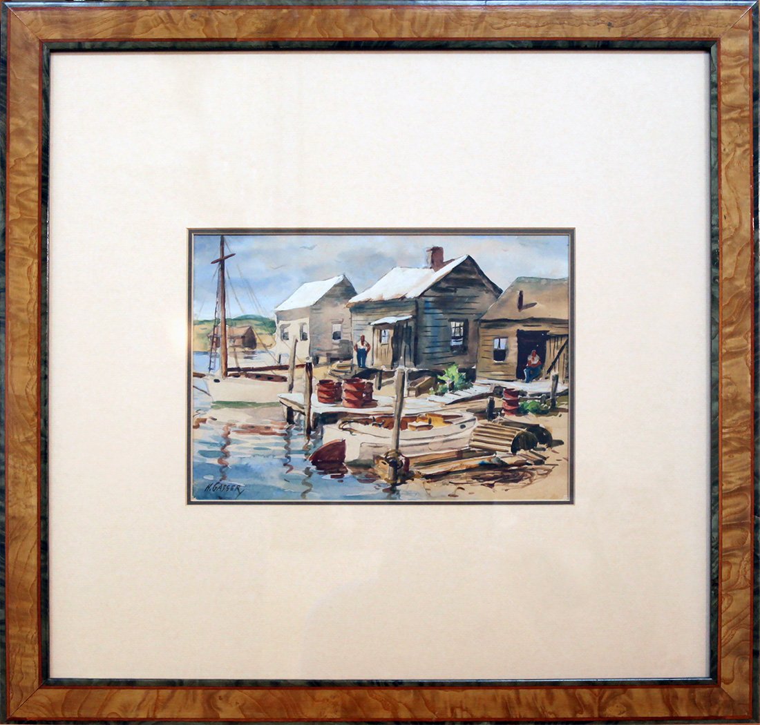   Lot 22 - Henry Gasser (1909-1981)  Menemsha Inlet - Fishing Shacks   watercolor, 7 x 10 in., signed l.l. very good, estimate: $600-$900 