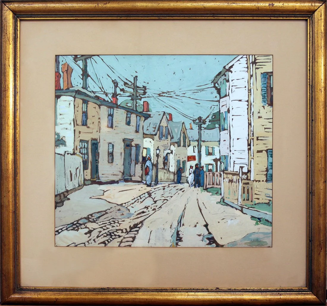  Lot 25 - Attrib. to Irma Koen (1884-1975)  Gloucester Street Scene   gouache, 15 x 17 in., indistinctly signed l.r. very good, estimate: $1,500-$2,000 