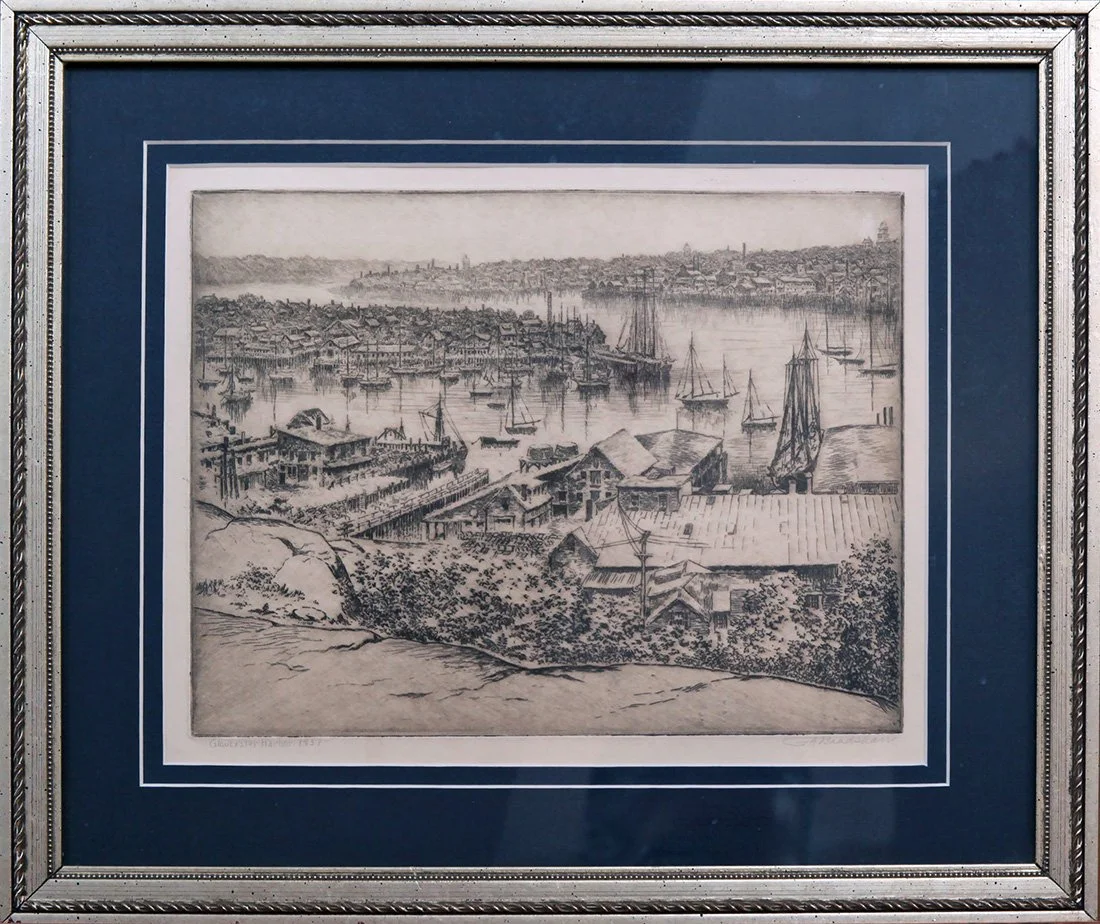   Lot 34 - George Bradshaw (1880-1968)  East Gloucester   etching, 6.75 x 8.75 in., signed l.r. (1937) very good, estimate: $200-$400 