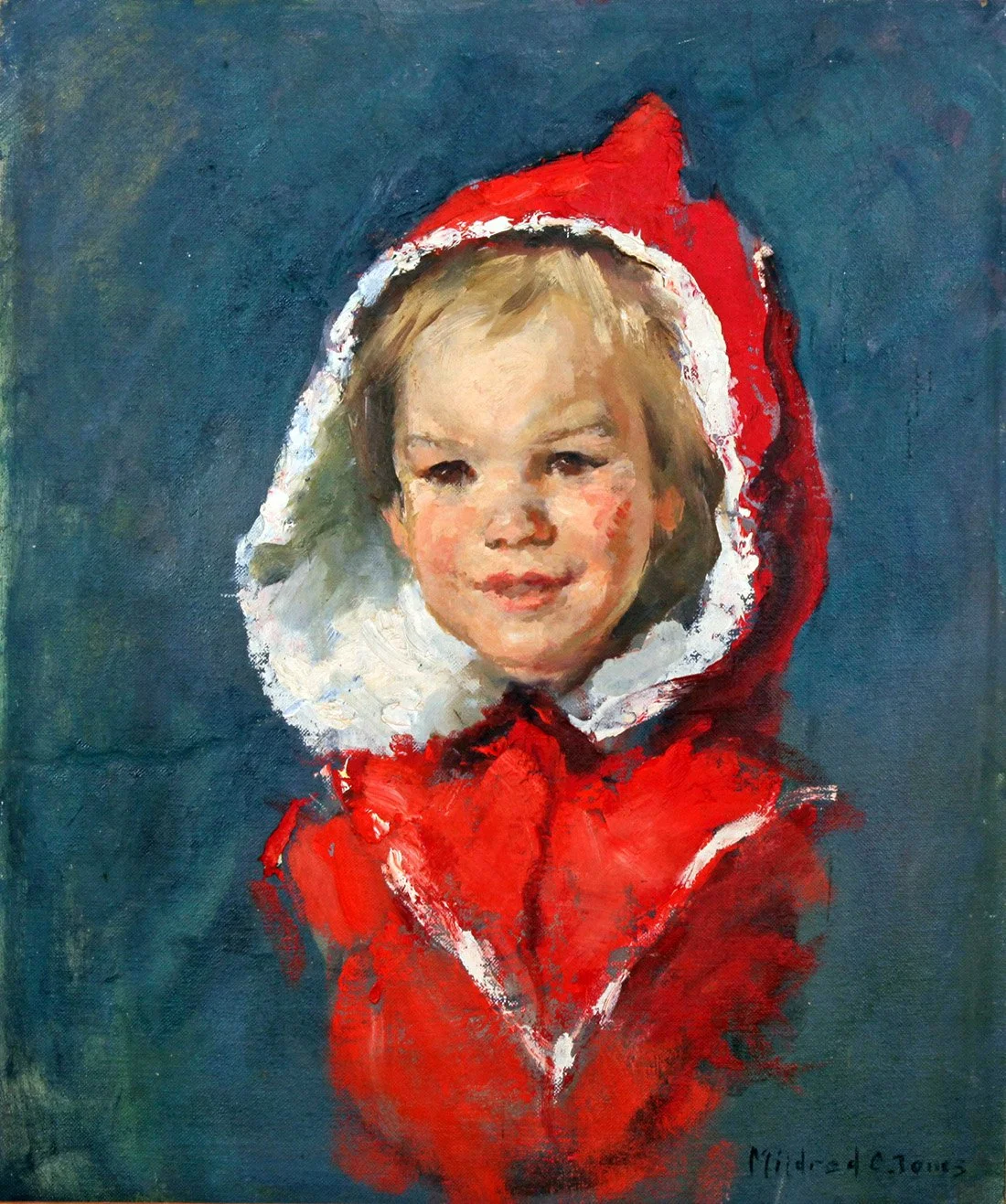   Lot 54 - Mildred Jones (1899-1992)  The Red Hood   oil on canvas panel, 18 x 15 in., signed l.r. very good, estimate: $200-$400 (artwork has been framed) 