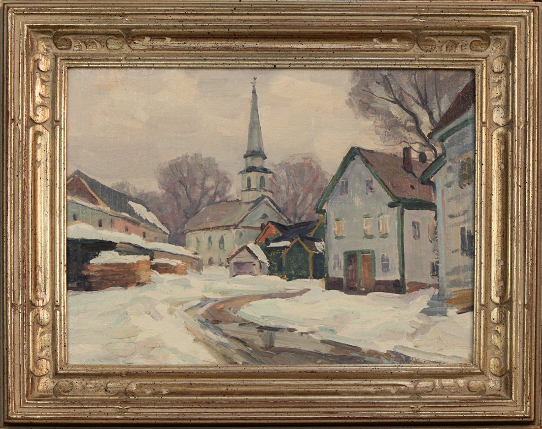  Lot 81 - Thomas Curtin (1899-1977)  Snowy Village   oil on canvas mnt. on board, 9 x 12 in., unsigned, estate stamped very good, estimate: $800-$1,200 