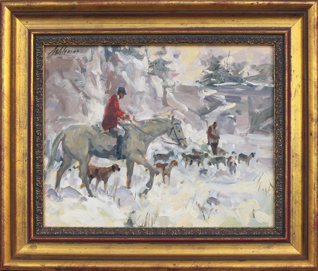   Lot 111 - Betty Lou Schlemm (1934-2021)  Thanksgiving Hunt   oil on board, 8 x 10 in., signed u.l. very good, estimate: $400-$600 