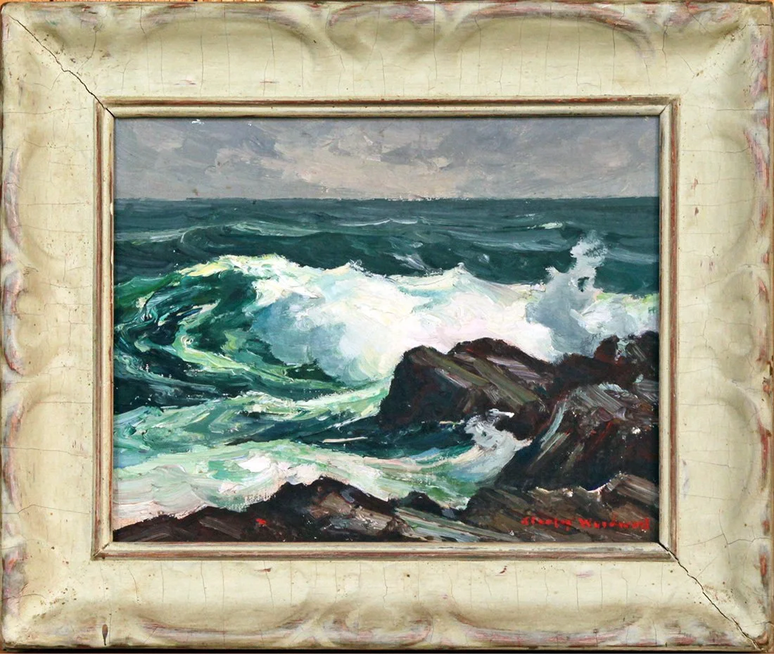   Lot 114 - Stanley W. Woodward (1890-1970)  Pounding Surf   oil on canvas panel, 8 x 10 in., signed l.r. very good, estimate: $400-$600 