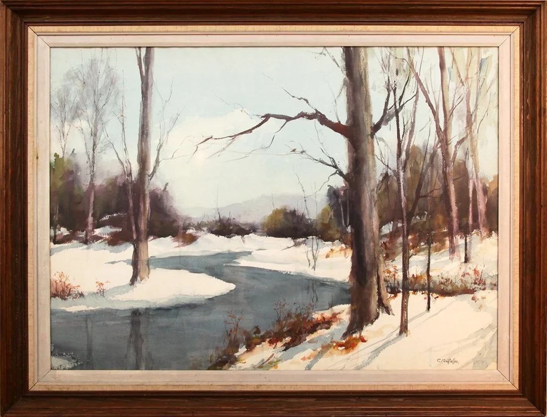   Lot 122 - Carl Gustafson (1910-2011)  January Thaw   watercolor, 21.25 x 29.5 in., signed l.r. very good, estimate: $300-$600 