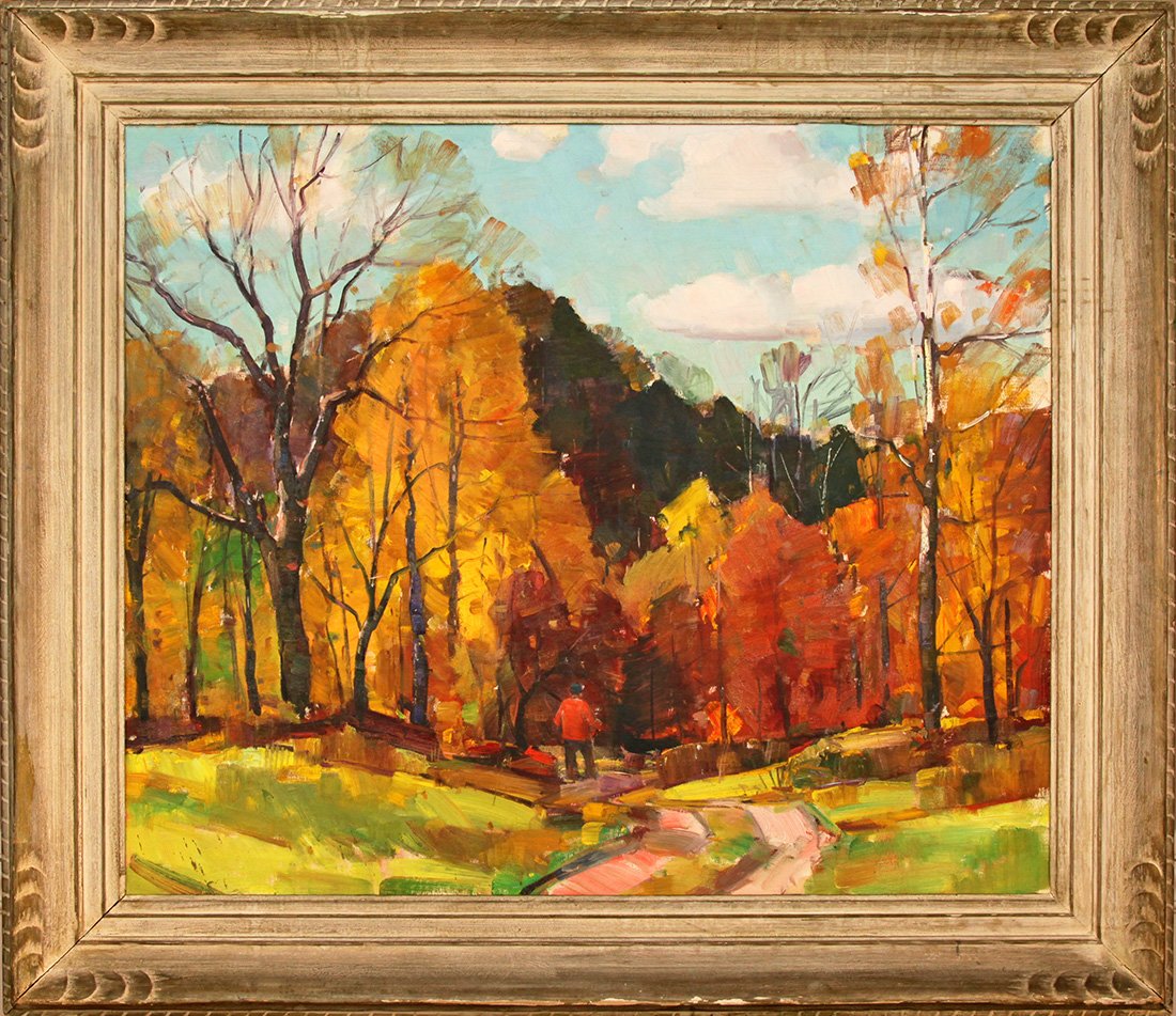   Lot 152 - Carl W. Peters (1897-1980)  Autumn Landscape with Figure   oil on canvas, 25 x 30 in., unsigned, estate stamped very good, estimate: $3,000-$4,000 