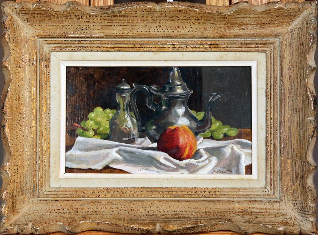   Lot 190 - Arnold Knauth (1918-2017)  Still Life with Peach   oil on board, 6 x 10 in., signed l.r. very good, estimate: $300-$600 